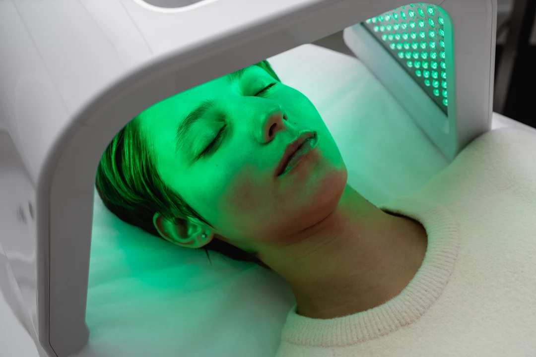 A person receiving a green light therapy treatment while lying on a white surface, surrounded by a modern light therapy device.